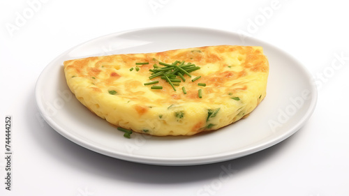 Isolated spanich omelet on a plate on a stark white background