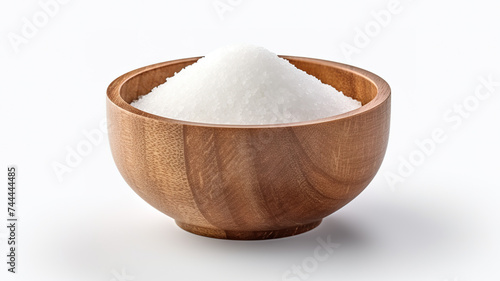 a wooden bowl filled with sugar, isolated on a white background
