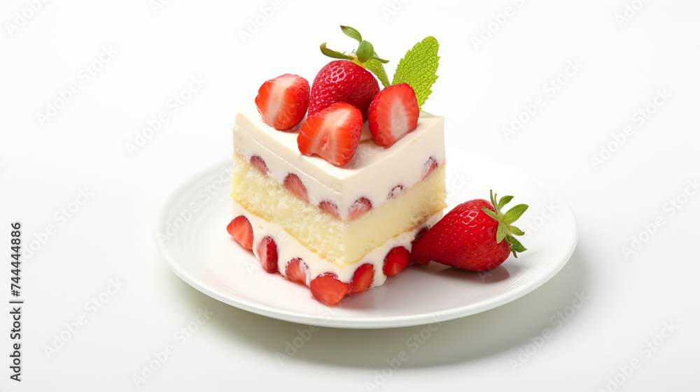 Dessert of vanilla cake with a strawberry on top, isolated on a stark white background Dessert of vanilla cake with a strawberry on top, isolated on a stark white background