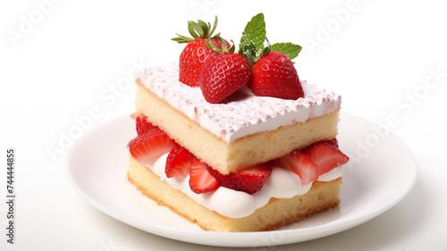Dessert of vanilla cake with a strawberry on top, isolated on a stark white background