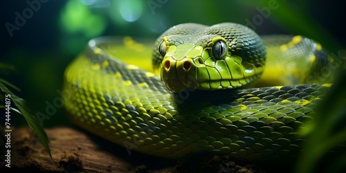 Exotic green Ahaetulla prasina snake defending its territory in action. Concept Wildlife Photography, Snake Behavior, Reptile Defense Strategies