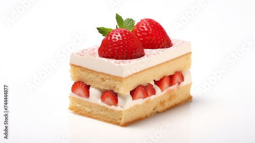 Dessert of vanilla cake with a strawberry on top, isolated on a stark white background