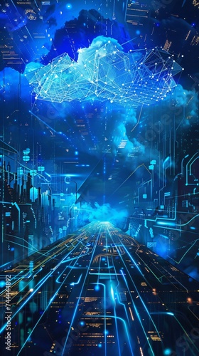Azure data cloud hovers above pathways of electric blue circuitry