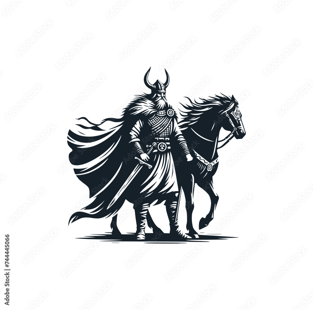 The viking warrior with his horse. Black white vector illustration.