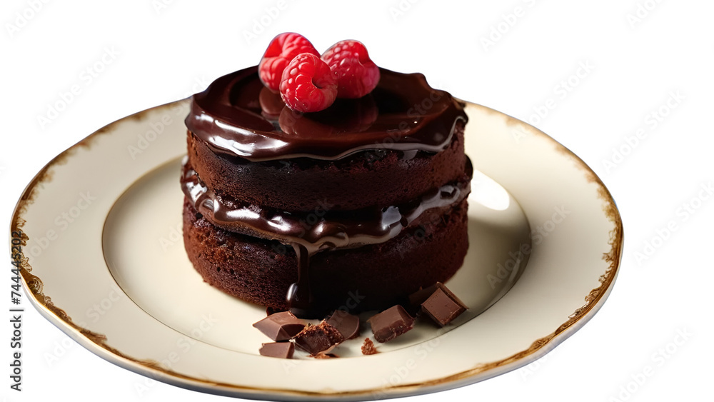 chocolate cake with raspberries on a plate on white background chocolate cake with raspberries on a plate on white background