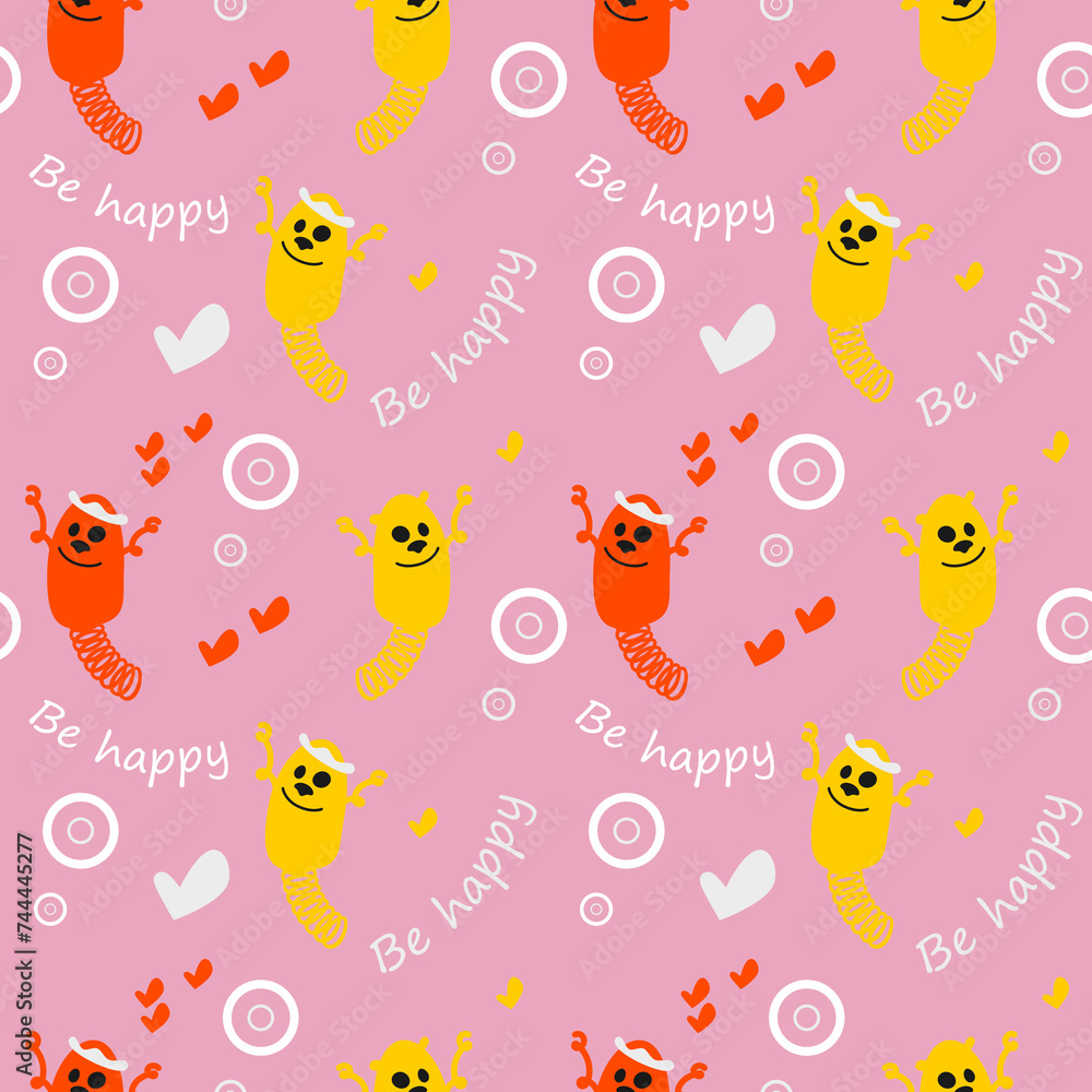 Seamless pattern. Jumping cartoon characters. Springs. Funny characters with the inscription 