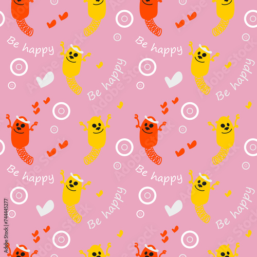 Seamless pattern. Jumping cartoon characters. Springs. Funny characters with the inscription "Be happy" on a pink background. (JPG Preview)  © Ksenia