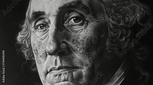 George Washington portrayed in a charcoal drawing style with historical and presidential significance