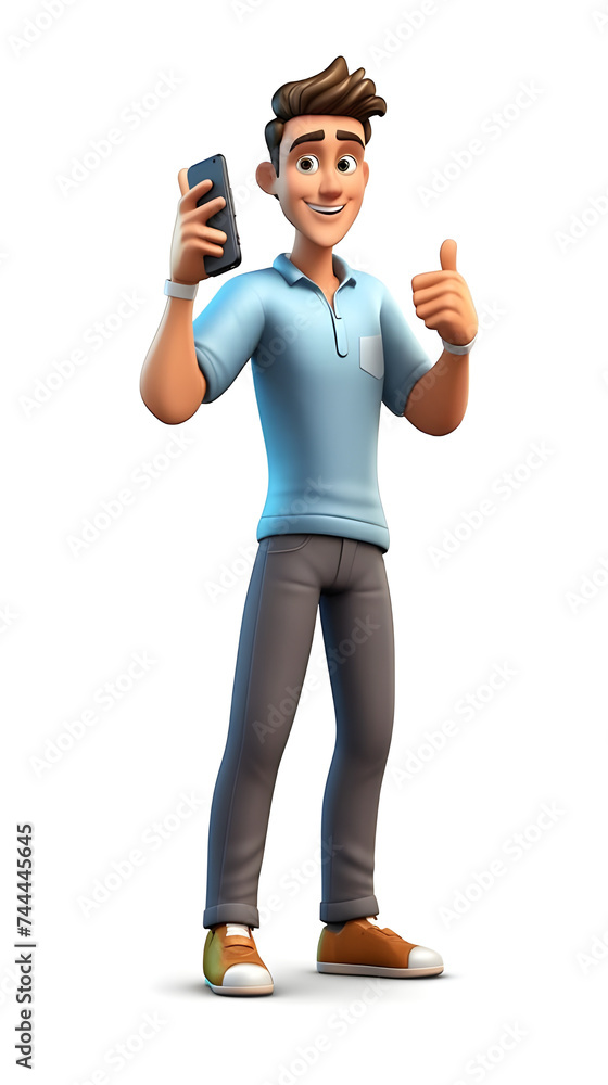 picture of 3d cartoon character boy with mobile phone