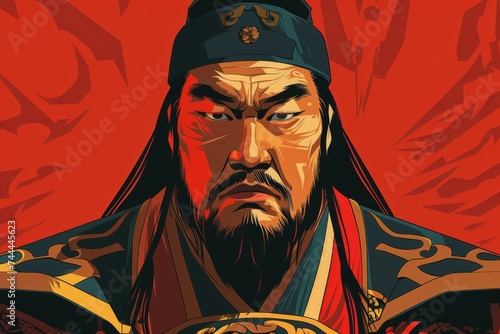 Genghis Khan Mongol Emperor in a minimalist art illustration portraying a historical leader and warrior