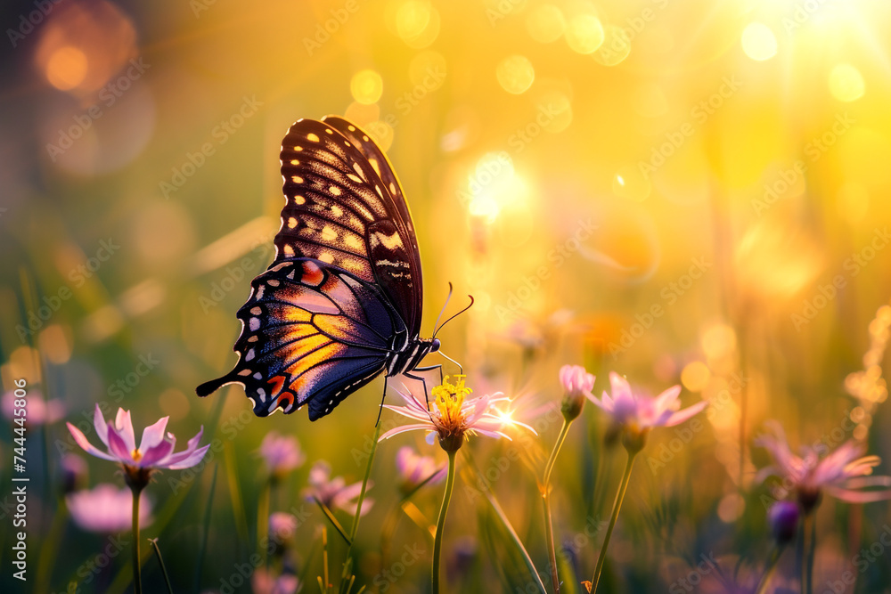 A macro shot of a butterfly delicately sipping nectar from a wildflower, its wings shimmering in the sunlight, showcasing the intricate details and vibrant colors of this enchanting insect - obrazy, fototapety, plakaty 