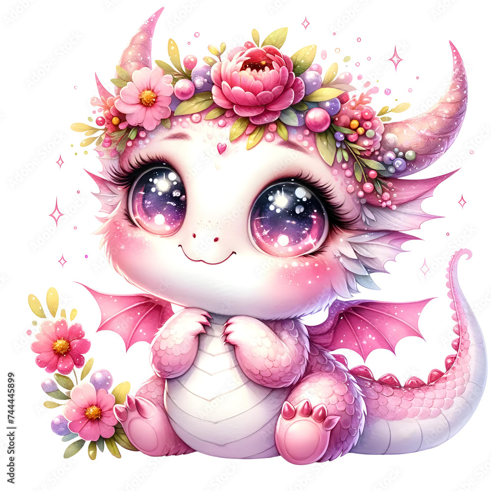 Charming Pink Dragon with Floral Crown Illustration