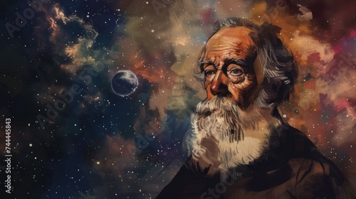 Galileo portrait in watercolor style with space cosmos astronomy elements and historical significance photo