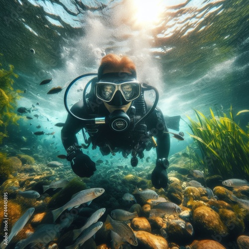 Scuba diver explores the crystal clear, shallow river waters 
