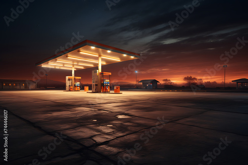 Gas station at sunset. 3d render concept of petrol and oil