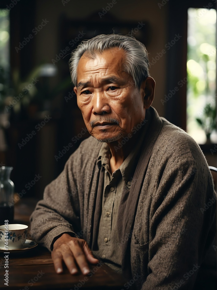 Portrait of a worried elderly asian man on a table in the living room background from Generative AI Portrait of a worried elderly asian man on a table in the living room background from Generative AI