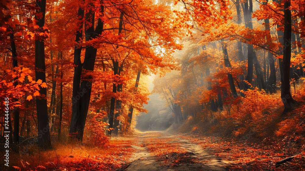 A magical forest alive with the vibrant colors of autumn leaves, their fiery hues a testament to the changing seasons. - obrazy, fototapety, plakaty 