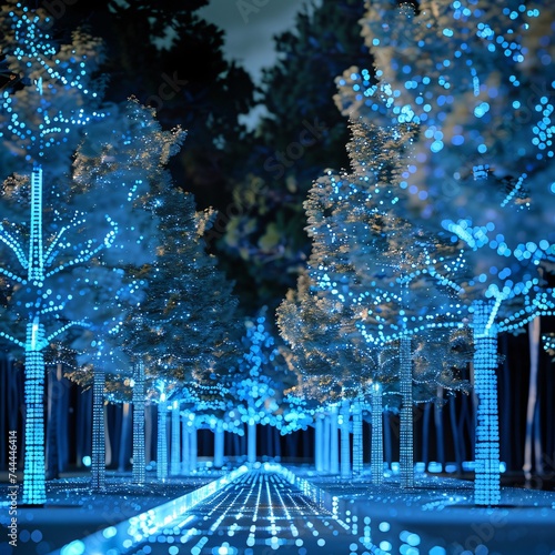 Blue technology merging with nature Trees with digital leaves displaying data