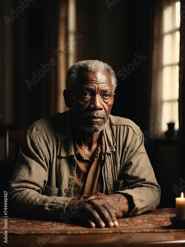 Portrait of a worried elderly black african man on a table in the living room background from Generative AI