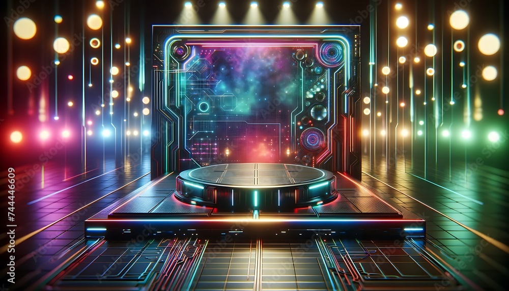 3D Empty podium, cyberpunk vibes, neon bokeh lights. 3d stage for product display. an abstract platform for product presentation. 3d round shape for advertisement. tech products mockup.