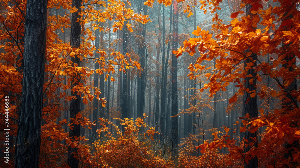 A magical forest alive with the vibrant colors of autumn leaves, their fiery hues a testament to the changing seasons.