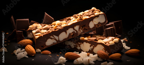Protein bars with dry fruits, dark palette photography.