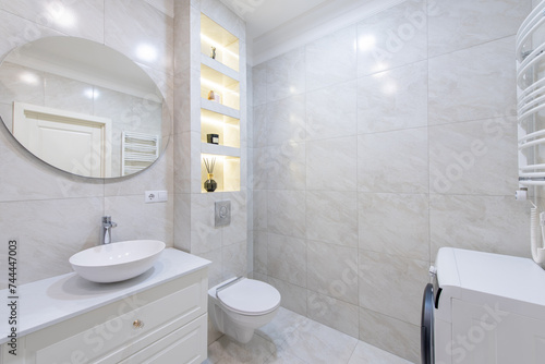 Modern Bathroom Interior. Bathroom Sink, Decoration and Mirror. Shower Glass. Luxury Home