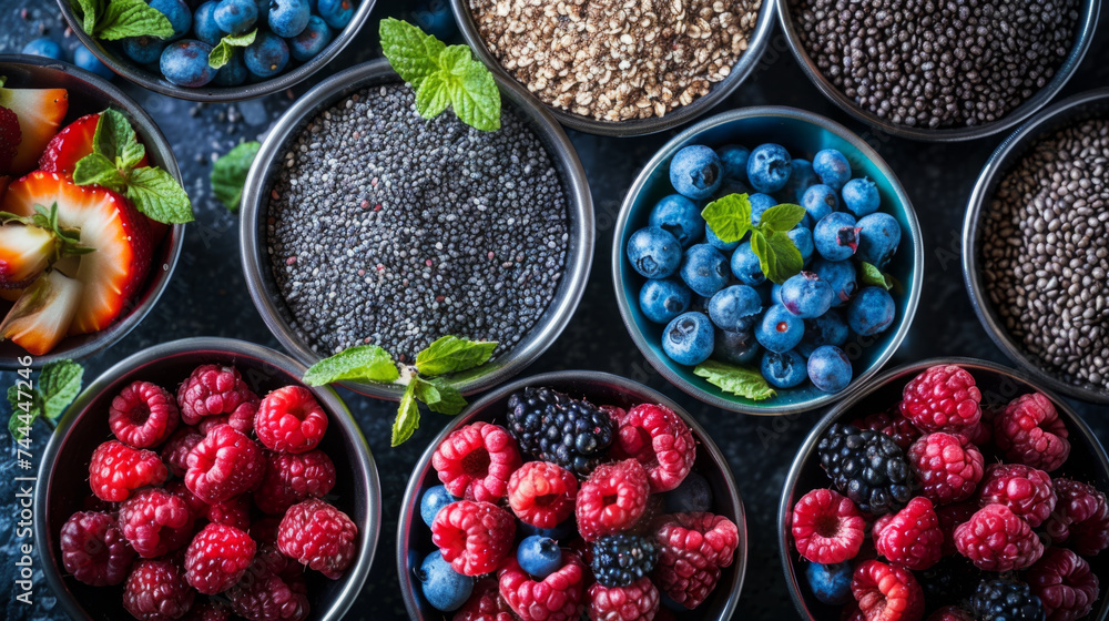 Top view of an assortment of fresh berries and chia seeds displayed in bowls on a dark textured surface, accented with mint leaves.