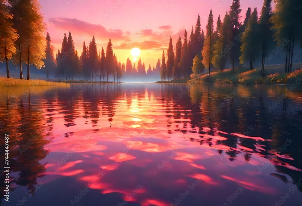 An image of a vibrant sunset over a serene lake, with colorful reflections shimmering on the water. AI generated