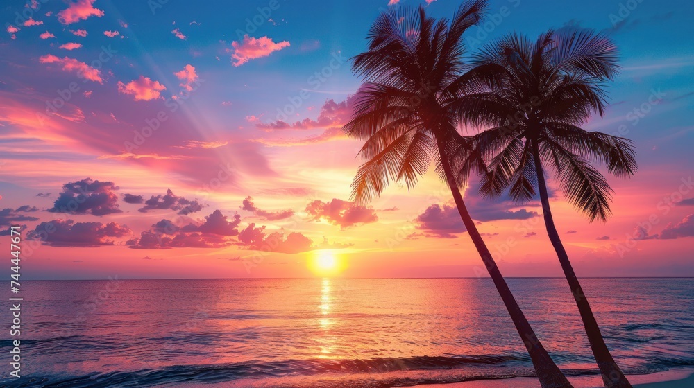 Silhouettes of palm trees on a tropical beach during a vibrant sunset