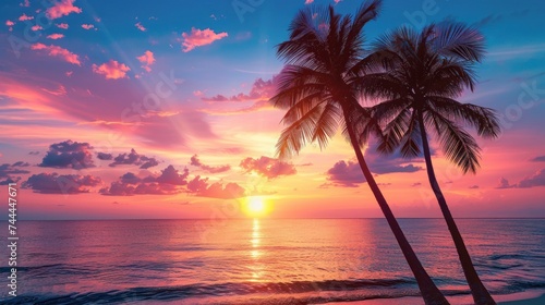 Silhouettes of palm trees on a tropical beach during a vibrant sunset