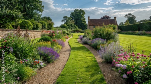 Vibrant Flowerbeds and Curving Grass Path in a Charming English Formal Garden photo