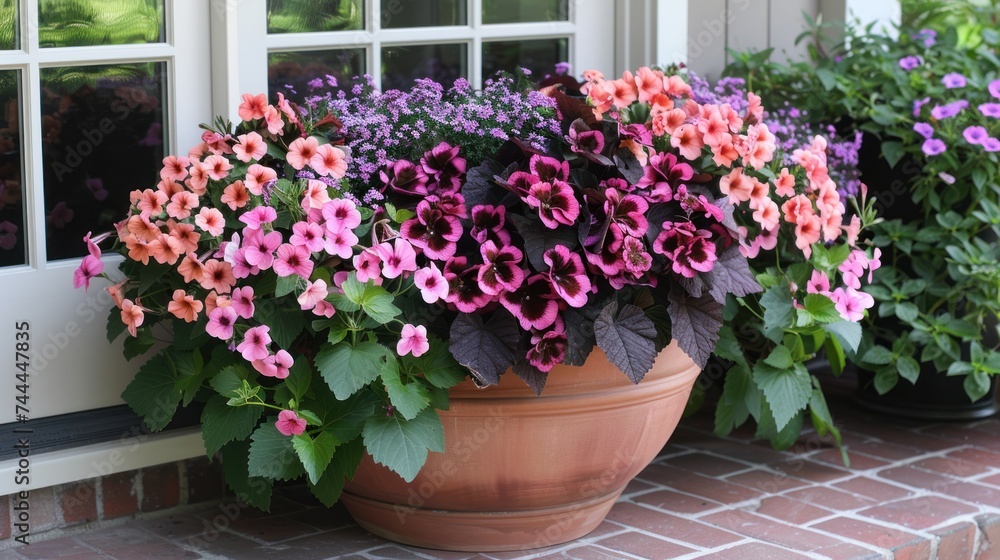 A flower pot with geraniums, calibrachoas (million bells), and sweet potato vine cascades with vibrant colors.