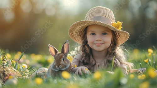 A charming little girl with a bunny rabbit celebrating Easter against a backd...