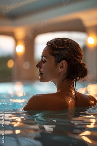 A woman enjoying a relaxing time in a swimming pool at a spa resort