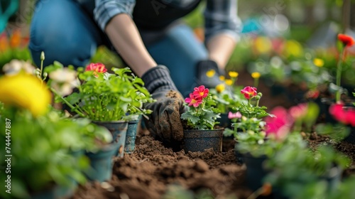 Gardeners are planting flowers by hand in pots filled with dirt or soil