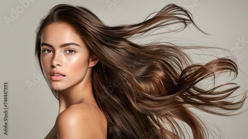 A beautiful brunette with healthy, long hair models an elegant hairstyle