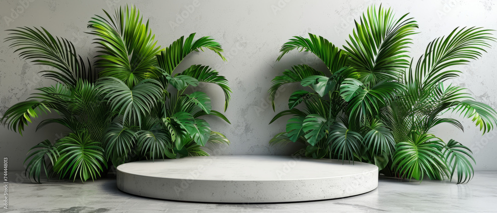 Concrete pedestal surrounded by lush tropical greenery in a misty environment, ideal for displaying products or design pieces.
