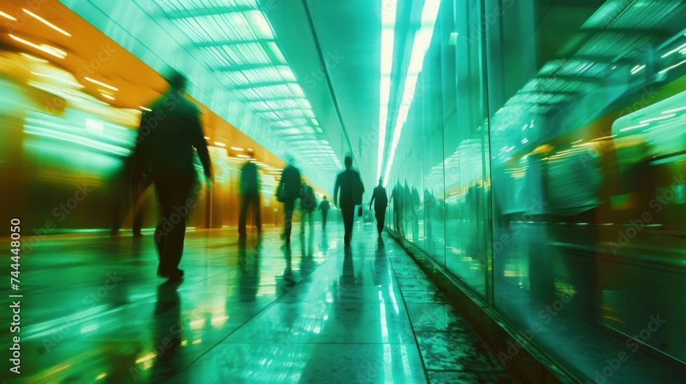 Businesspeople are moving through the corridor of a business center, creating a distinct motion blur effect