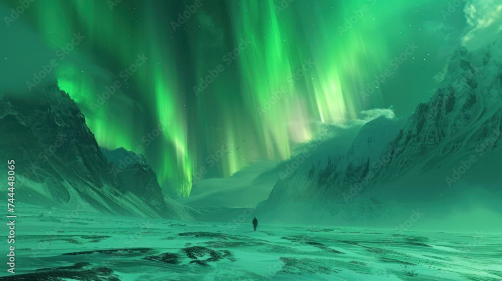 The northern lights illuminate a vast, snowy tundra in shades of green