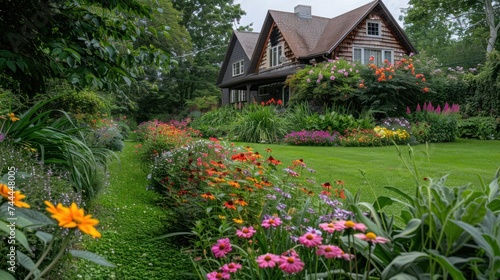 A beautifully maintained house and garden showcasing vibrant annual and peren...