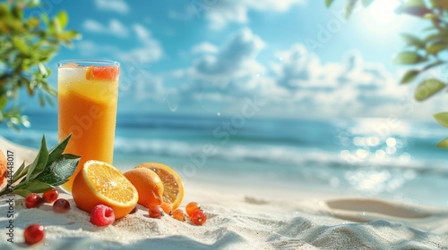 Fresh orange juice, fruits on sand with blue sky background, summer concept