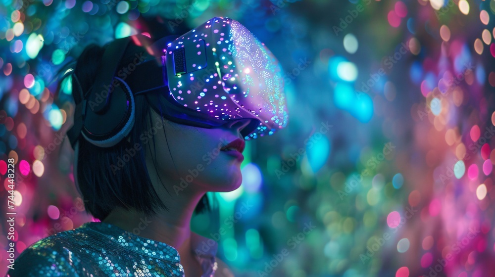Visionary wearing an illuminated VR headset explores a universe of data Visionary wearing an illuminated VR headset explores a universe of data
