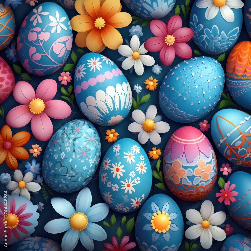 cute easter background with colorful eggs and flowers