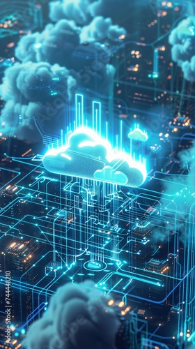 Virtual cloud storage manifests above a glowing blue circuit landscape