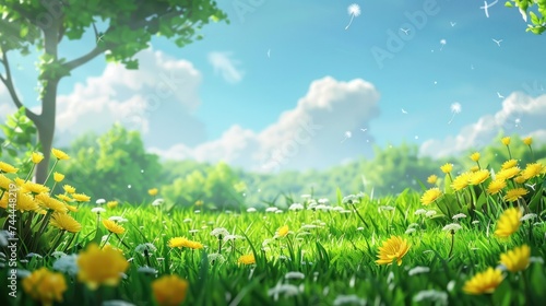 A charming meadow filled with vibrant green grass and yellow dandelion flowers