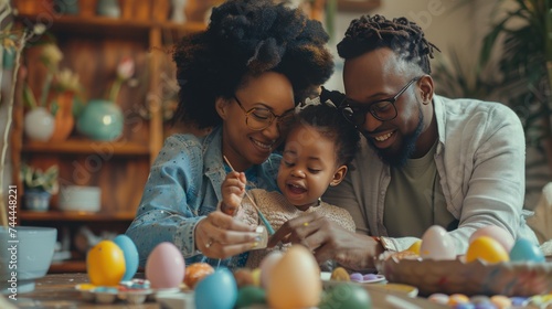 A mother, father, and their daughter are joyfully painting Easter eggs, a hap...