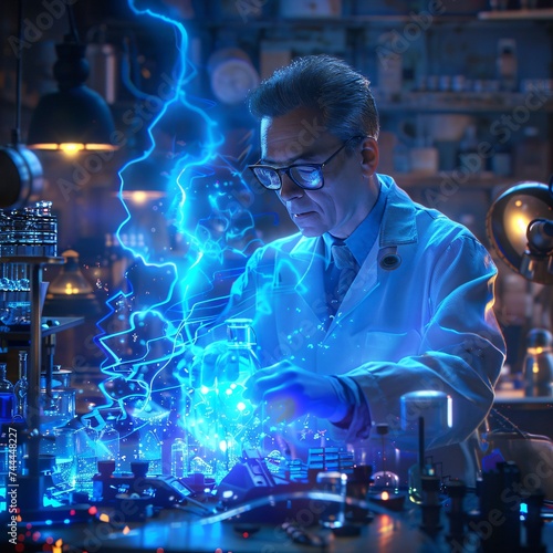 Visionary scientist working in a lab filled with blue energy powered inventions