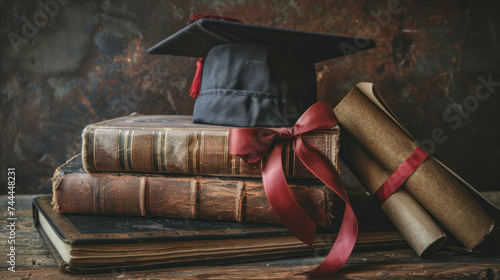 A mortarboard and graduation scroll, bound with a red ribbon, rest on a pile ...