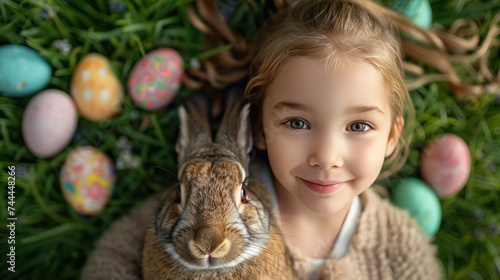 A charming young girl with a bunny rabbit celebrating Easter against a backdr...